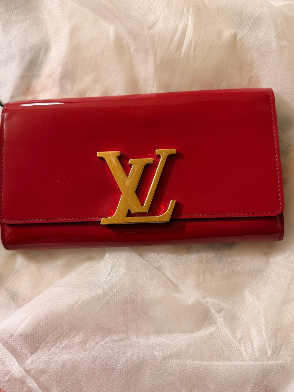 Authentic Louis Vuitton Red Vernis Long Wallet Gold LV Logo w/ Dust Bag & COA